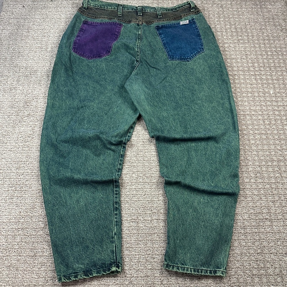 Vintage Zena Colorblock Jeans Womens 24 Green Acid Wash High Rise Tapered 90s